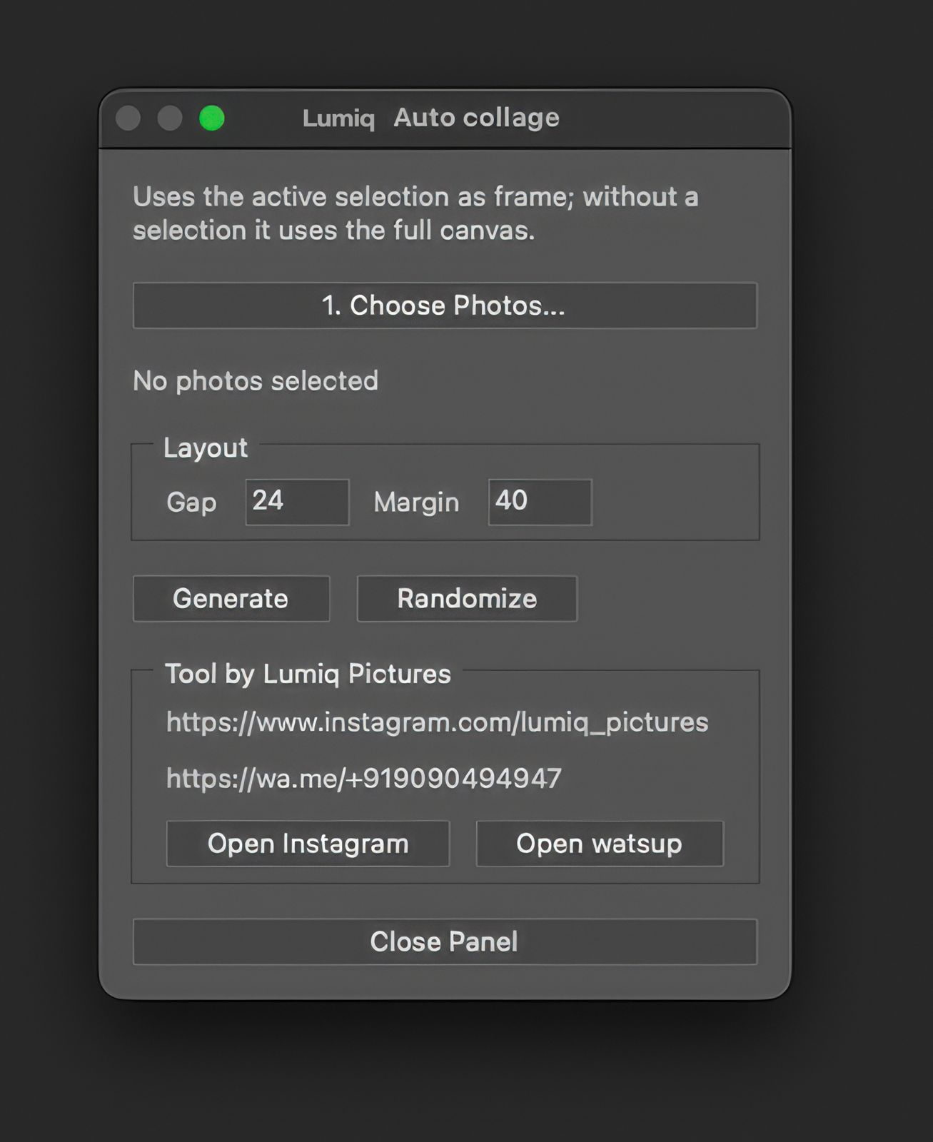 Lumiq Auto collage Photoshop panel controls