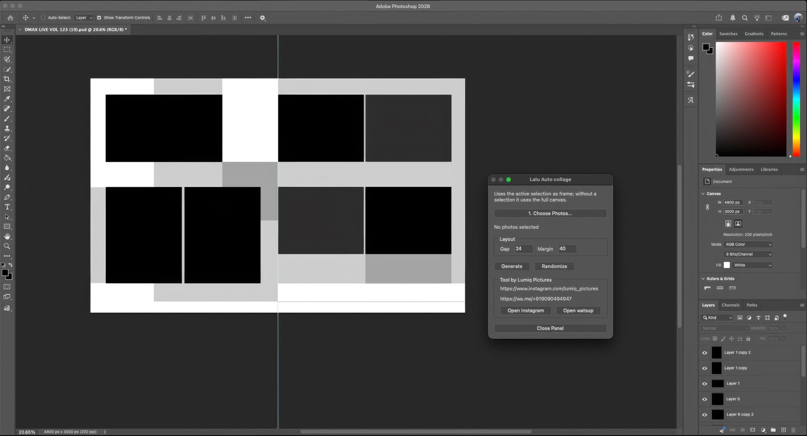Auto collage tool running inside Adobe Photoshop